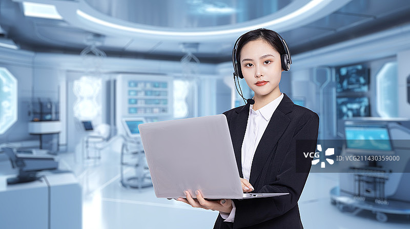 实验室场景前使用电脑的女性电话客服图片素材