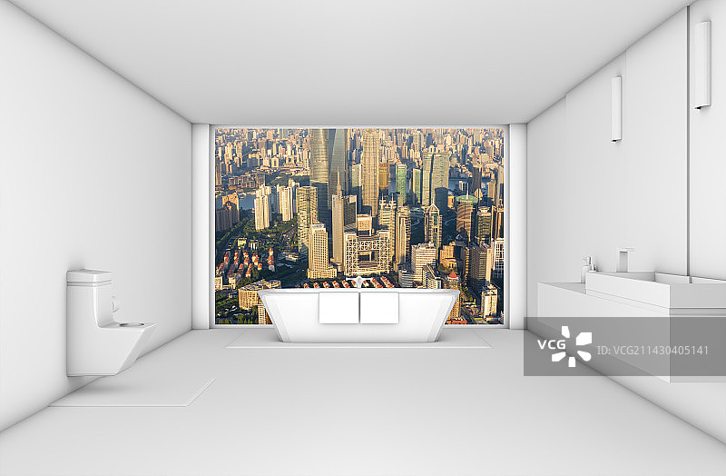 酒店卫生间远眺上海城市建筑风光图片素材