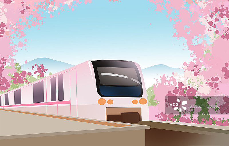 春天春季春暖花开植物樱花节地铁小火车风景景色场景插画图片素材