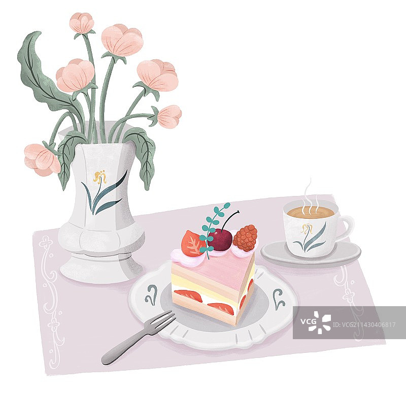 桌布上的复古花瓶鲜花水果蛋糕和热咖啡图片素材