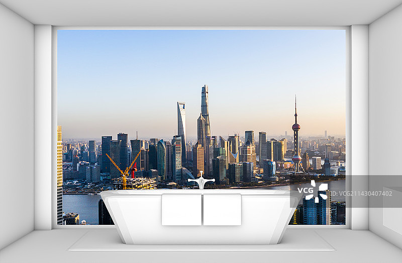 酒店卫生间远眺上海城市建筑风光图片素材
