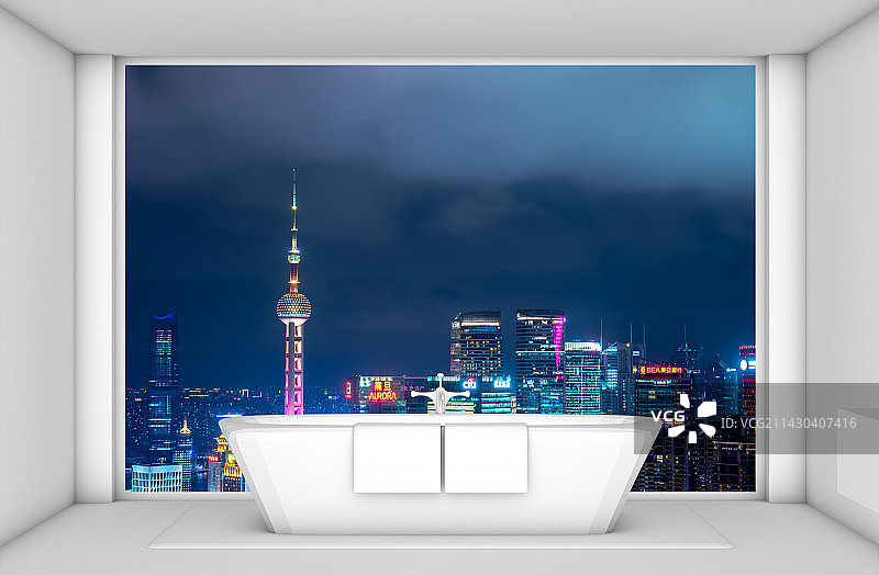 酒店卫生间远眺上海城市建筑风光图片素材