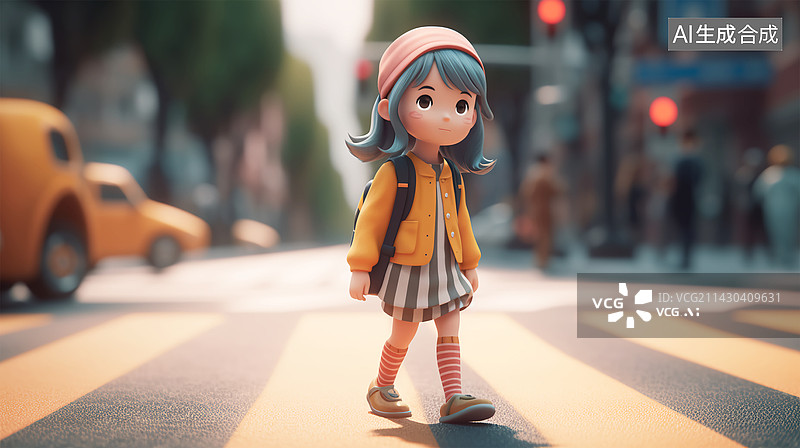 【AI数字艺术】站在城市街道上过马路的小女孩3d渲染图片素材