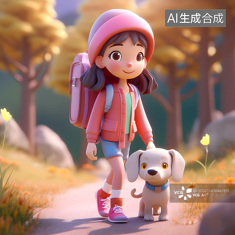 【AI数字艺术】可爱的小女孩和她的狗图片素材