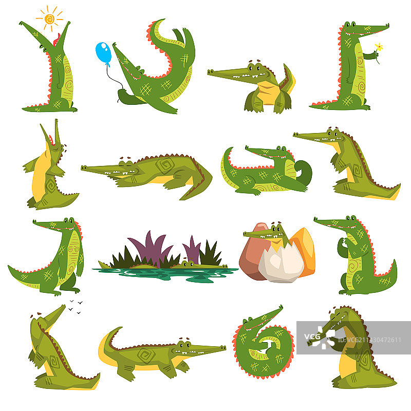 不同活动中的可爱鳄鱼套装图片素材