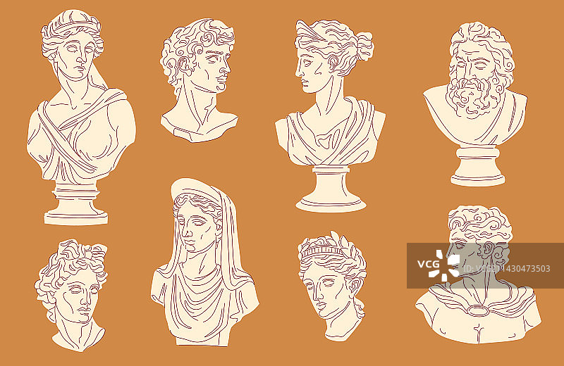 希腊半身石膏雕像：大卫、阿波罗、阿耳忒弥斯图片素材