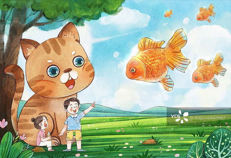 手绘水彩夏天儿童猫咪与金鱼治愈系插画图片素材