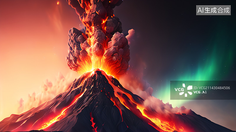 【AI数字艺术】火山爆发岩浆喷涌极光背景图片素材