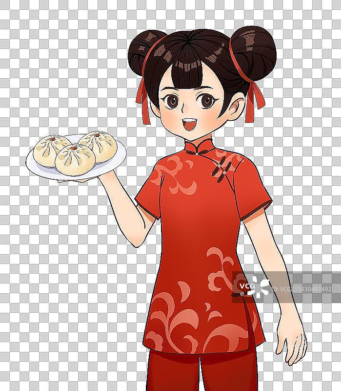 拿着一盘包子的中国小女孩图片素材