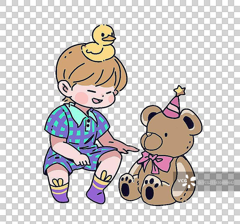 小孩与熊互动温馨卡通插画图片素材