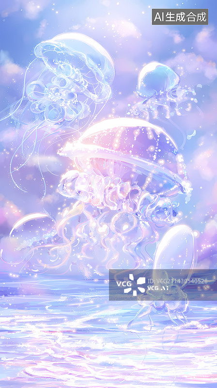 【AI数字艺术】梦幻蓝紫色天空水母飘浮插画壁纸图片素材