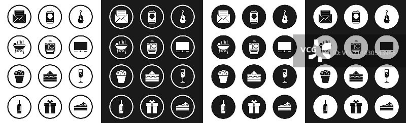 吉他、照相机、烧烤架和信封图片素材