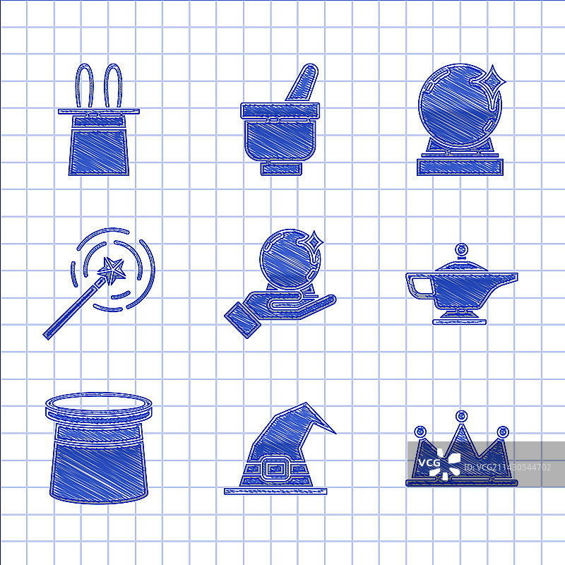 手中魔法球、女巫帽、皇冠与神灯图片素材