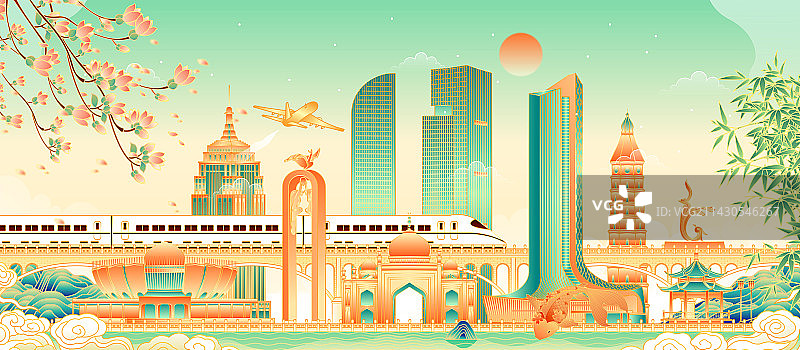 宁夏银川城市地标建筑矢量插画图片素材