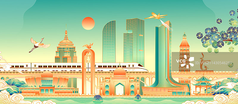 宁夏银川城市地标建筑矢量插画图片素材