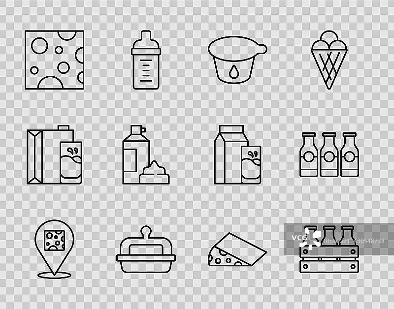 木箱中的奶酪和瓶装牛奶在线设置图片素材