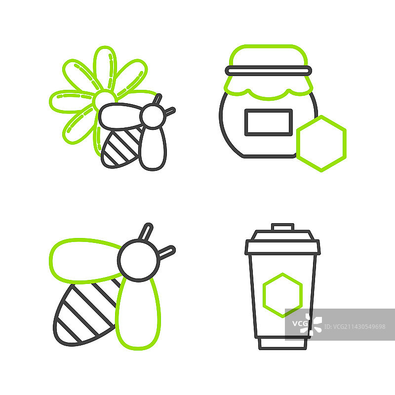 含蜂蜜的茶杯与蜜蜂罐线性设计图片素材