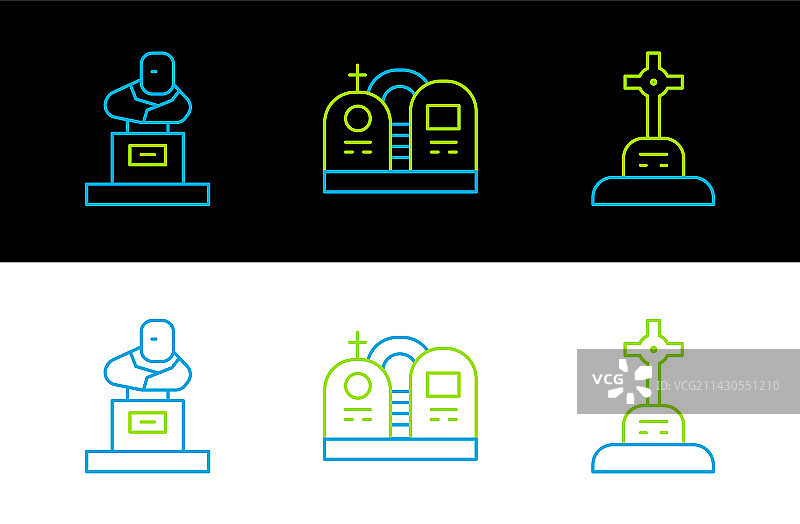 线条图案：带十字架的坟墓、墓碑和图标图片素材