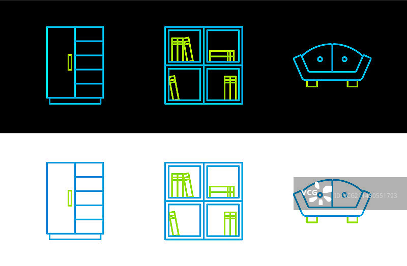 沙发、衣柜和书架图标图片素材