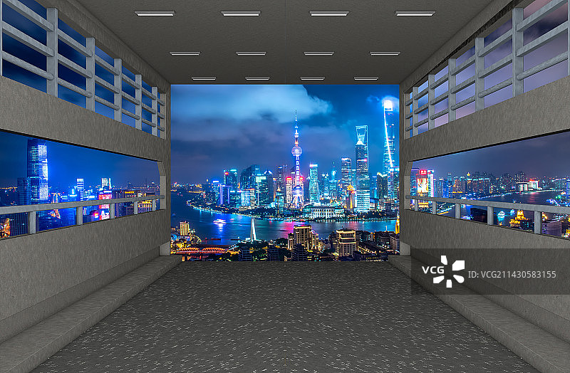 科技隧道空间远眺上海城市建筑风光图片素材