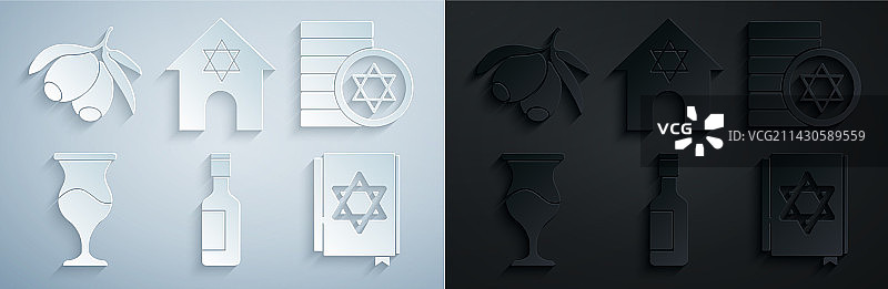 犹太葡萄酒瓶、硬币、高脚杯和《妥拉》图片素材