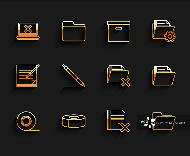 办公用品线条素材：透明胶带、笔记本电脑和屏幕上的叉号图片素材