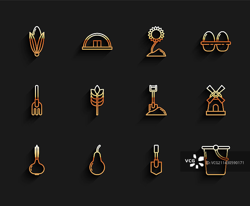 洋葱梨玉米铲子水桶线条组合图片素材