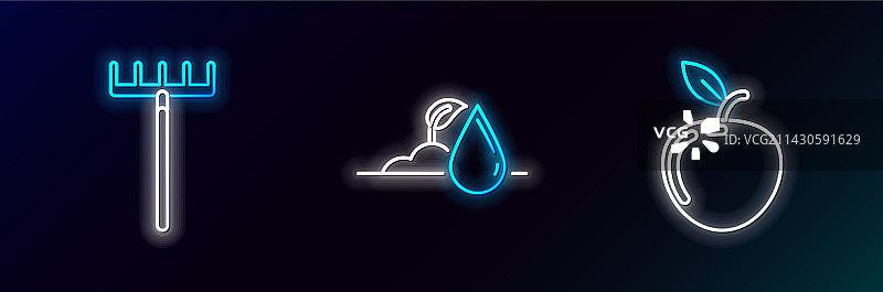 苹果园艺耙子浇水萌芽线条设计图片素材