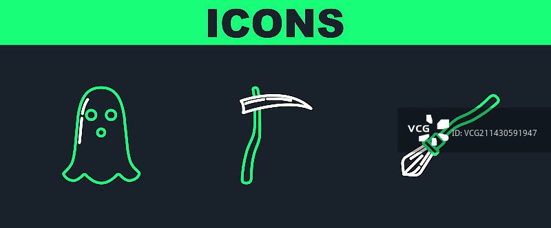 女巫扫帚、幽灵与镰刀图标线条素材图片素材