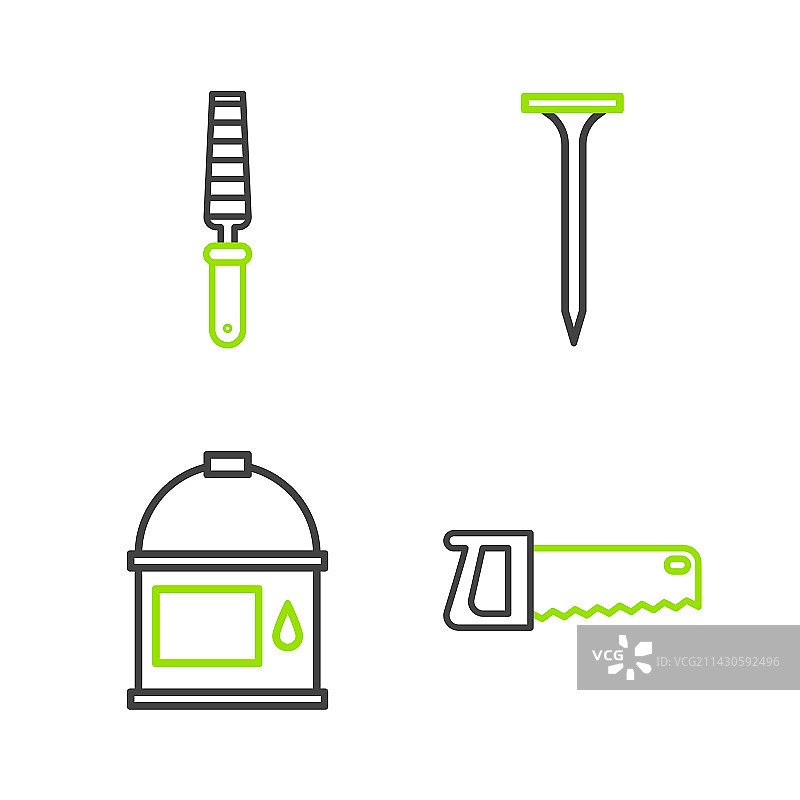 手锯、油漆桶和金属钉工具套装图片素材