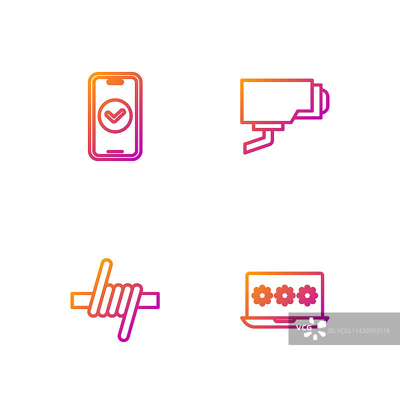 带密码和铁丝网的笔记本电脑线性图标图片素材