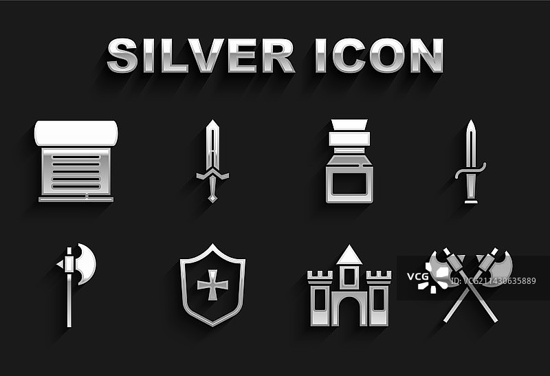 盾牌、匕首、中世纪交叉斧和城堡图片素材