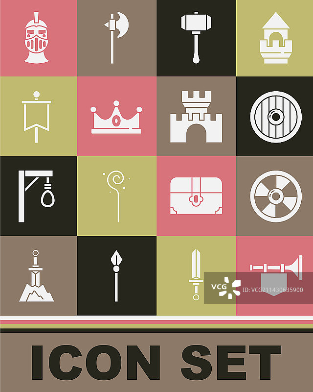 带旗帜、圆形木盾、锤子的小号图片素材