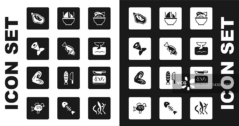 碗装鱼肉、鱼尾和贻贝图片素材