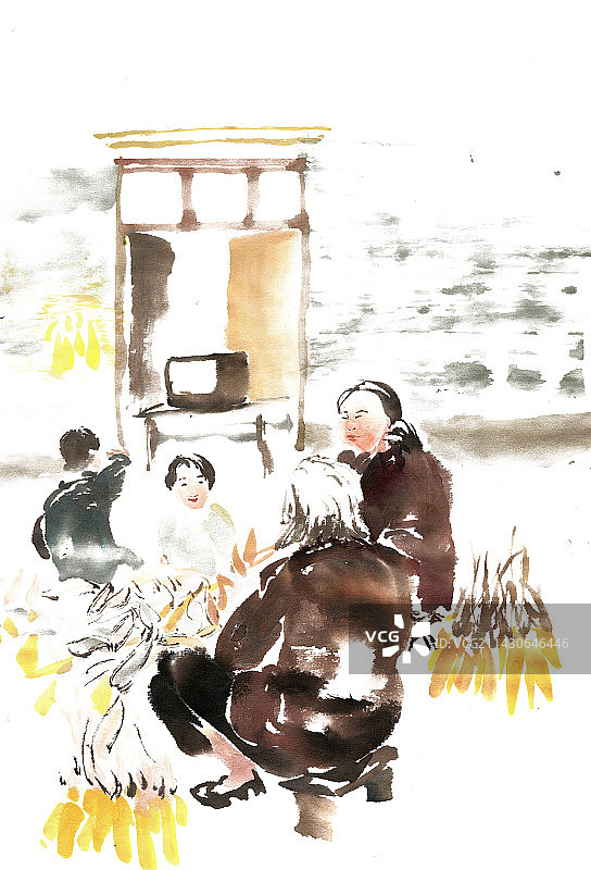 围坐剥玉米皮图片素材