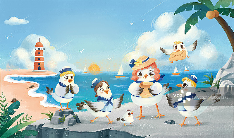 肌理儿童插画海滩海鸥聚会图片素材