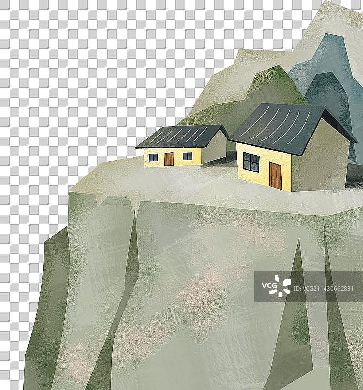 国潮扁平风肌理山中小房子图片素材