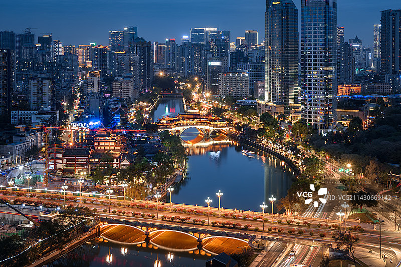 成都锦江安顺廊桥与九眼桥一带夜景风光图片素材