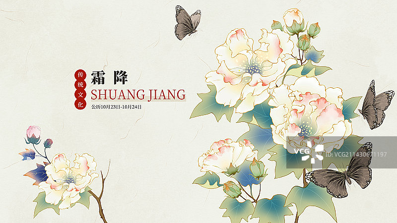 国风手绘二十四节气花卉植物海报之霜降芙蓉花图片素材