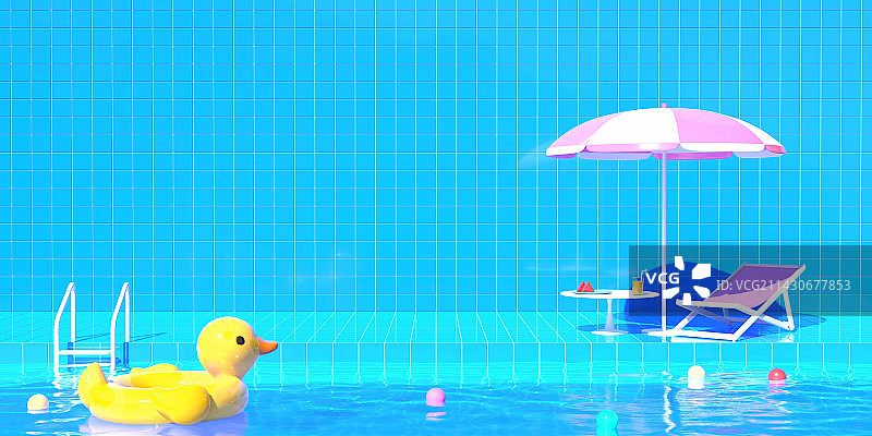 3D泳池游泳圈太阳伞躺椅图片素材