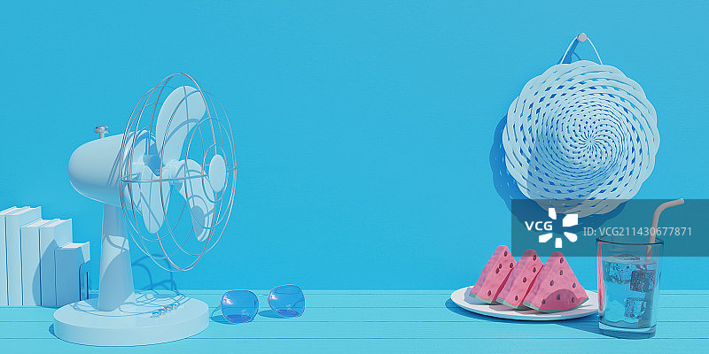 3D蓝色简约夏天风扇冰镇西瓜墨镜书籍草帽图片素材