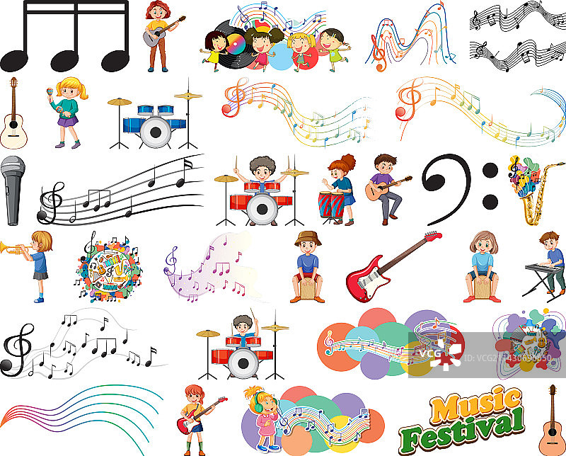 儿童乐器和音乐符号套装图片素材