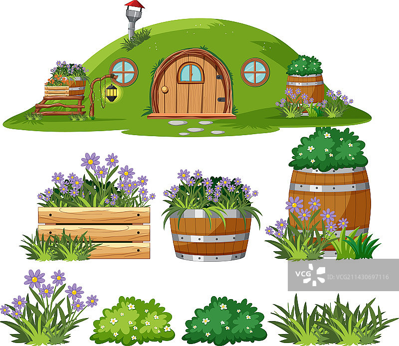 带有户外植物元素的霍比特人小屋图片素材
