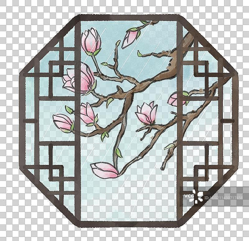 中式庭院窗户玉兰花图片素材