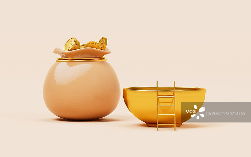 金碗与储钱罐三维渲染图片素材