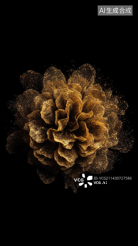 【AI数字艺术】盛开的粒子花朵黑金背景图片素材