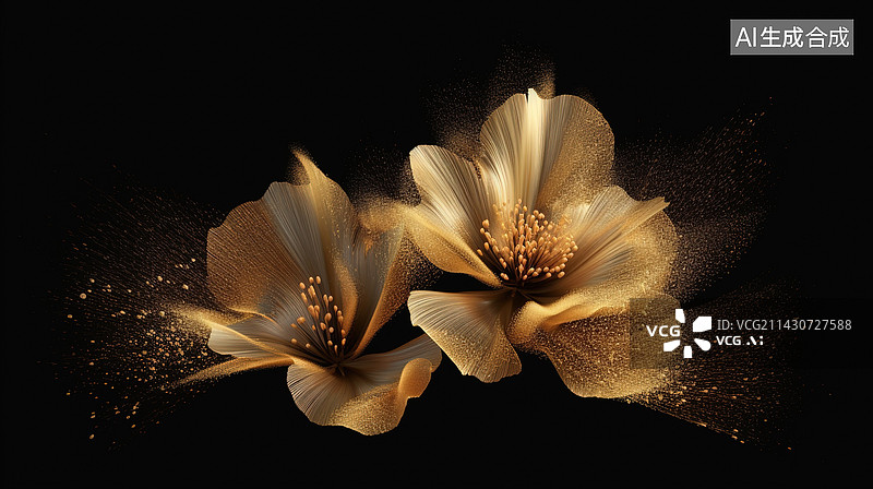 【AI数字艺术】盛开的粒子花朵黑金背景图片素材