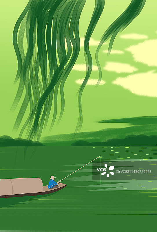 夏天夏季户外湖上湖面垂钓钓鱼公园草地风景景色场景插画图片素材