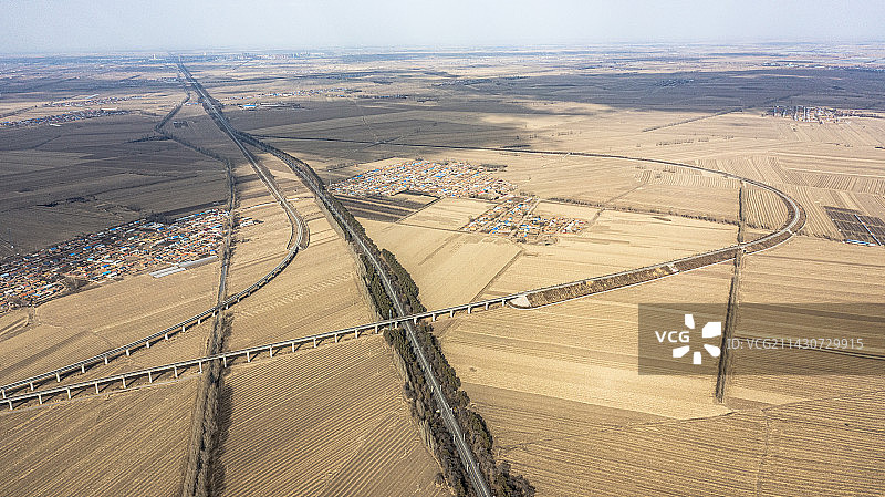 早春的东北大地，吉林扶余京哈线团山小枢纽航拍图片素材