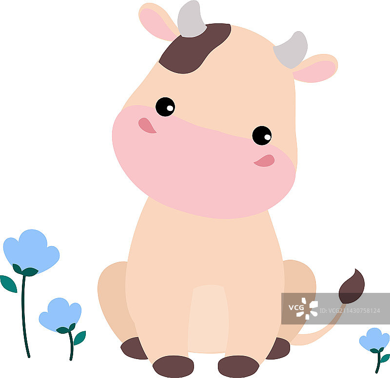 可爱快乐的小奶牛坐在鲜花中图片素材